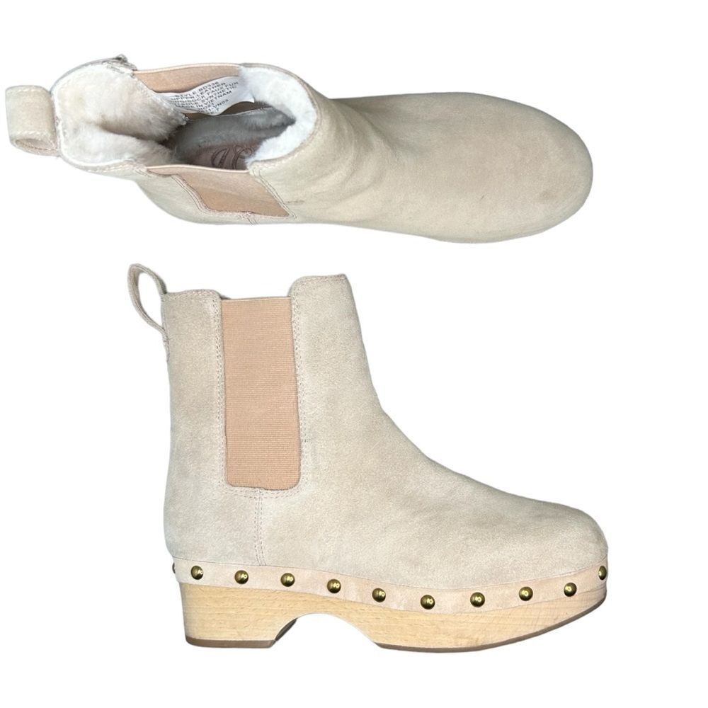 J. Crew Beige Suede Clogs with Brass Accents